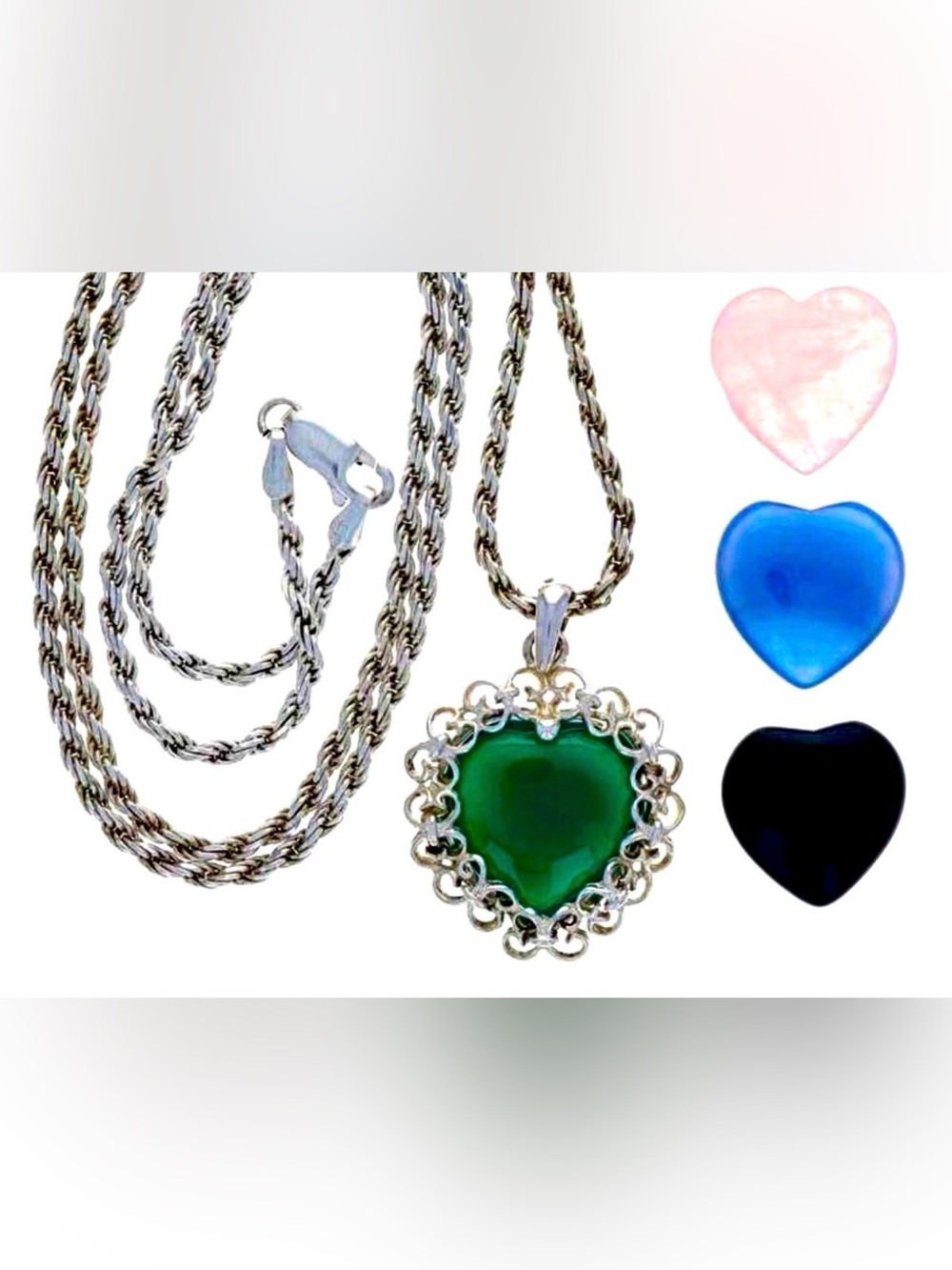 Gorgeous Vintage Sterling Interchangeable Heart Gem Stone Necklace w/5 stones